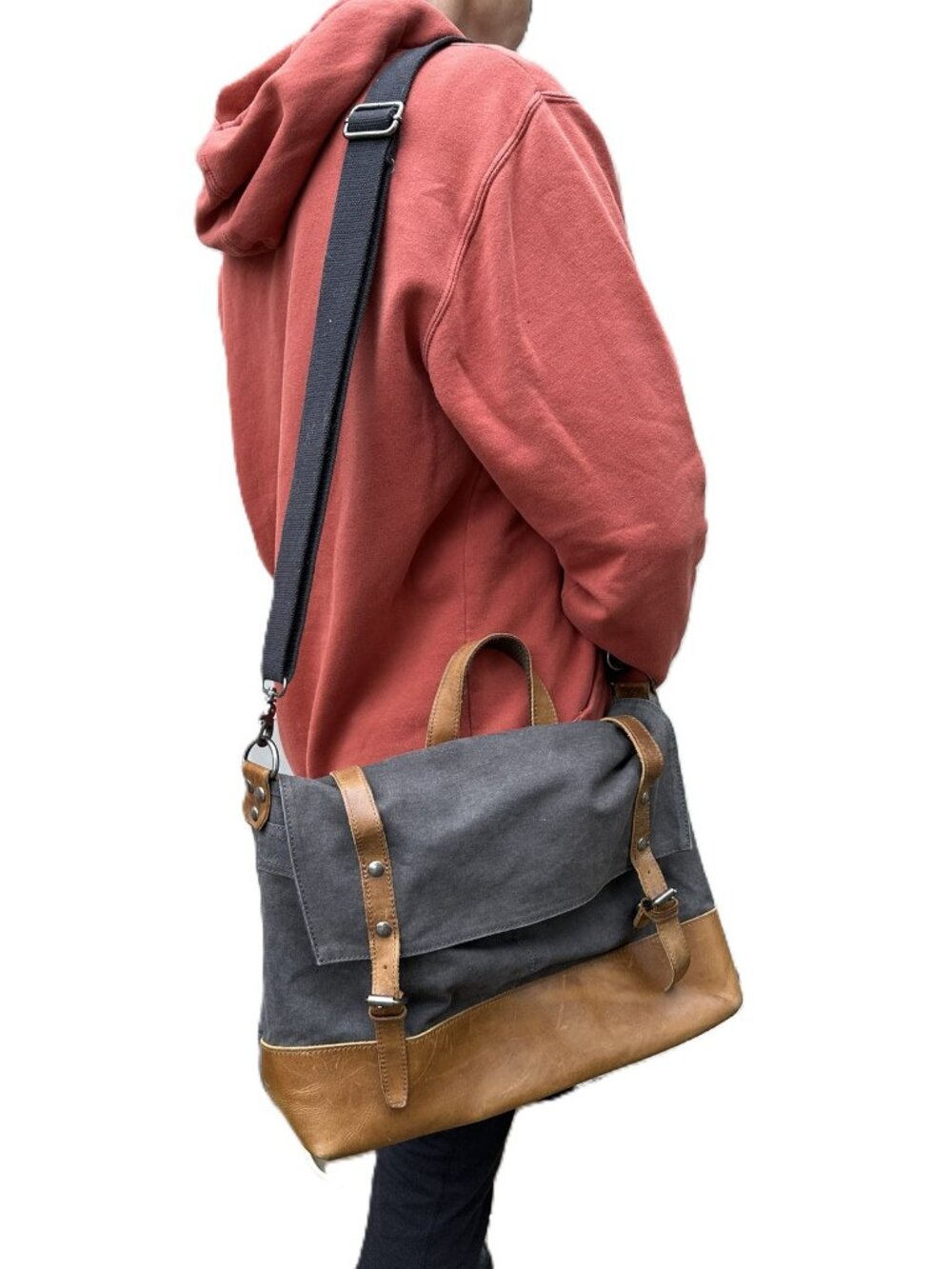 Unisex RuffRyder Messenger Bag Gray Canvas Leather Ruff Ryder, handle and strap